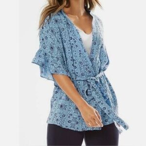 Ruby Ribbon Women Ruffle Wrap Blue Floral Top Size XXL (2X) Tie Waist V-neck